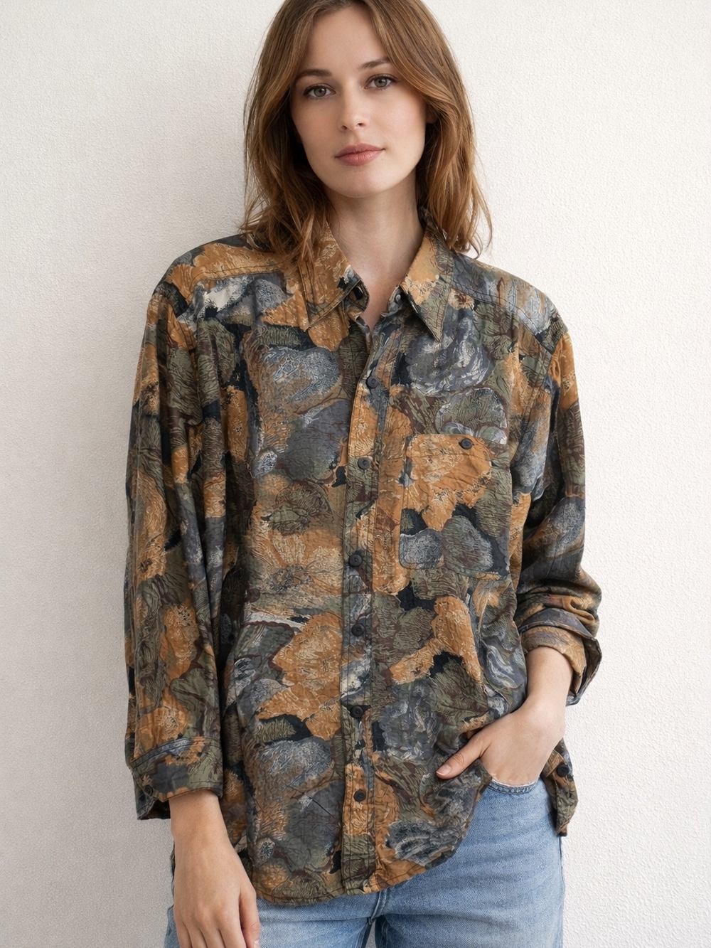 Serge Saintyves Vintage Silk Abstract Button-Up Blouse | Earth Tone Print | Over